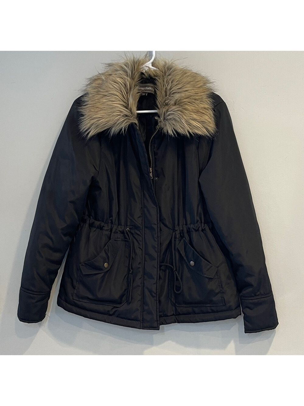 Forever Audrey Black Utility Jacket with Brown Faux Fur